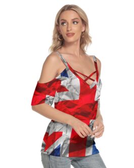 Britain Great  All-Over Print Women’s Cold Shoulder T-shirt With Criss Cross Strips